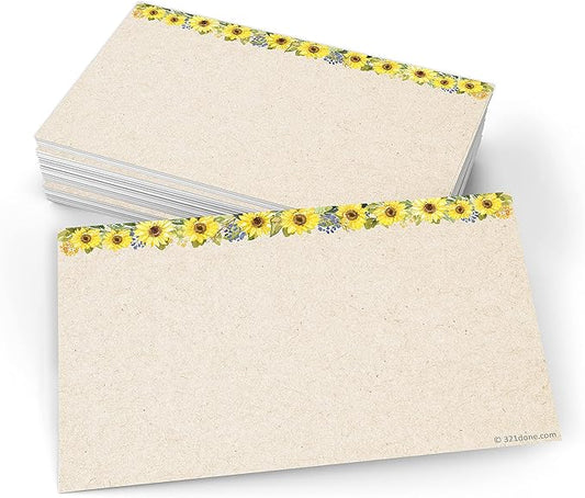 321Done Sunflower Floral Index Cards - Blank, No Lines - (50) Small 3x5 Kraft Cards - For Studying, Learning, Flashcards, Desk Notes, Messages, Notecards, Card Making - Cute, Pretty - Made in the USA