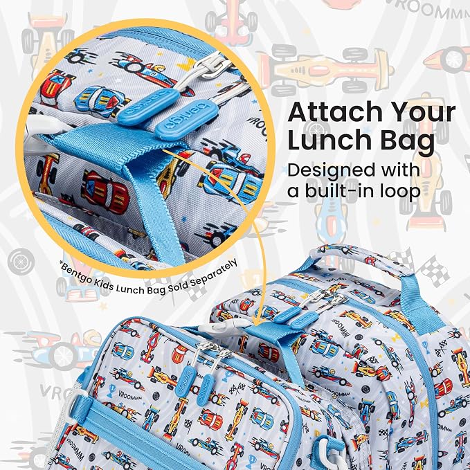 Bentgo Kids Print Backpack - Lightweight 14” Backpack for School, Travel & Daycare, Ideal for Ages 4+, Durable & Water-Resistant, Roomy Interior, & Loop for Lunch Bag (NEW Race Cars)