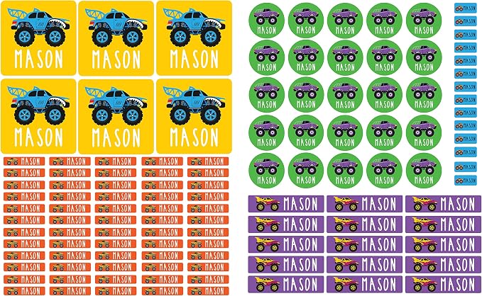 Andaz Press Custom Personalized Waterproof School Name Labels, Monster Trucks, 120-Pack, Kids Labels Combo, Customizable Name Stickers Personalized School Supplies Camp Label Daycare Stickers