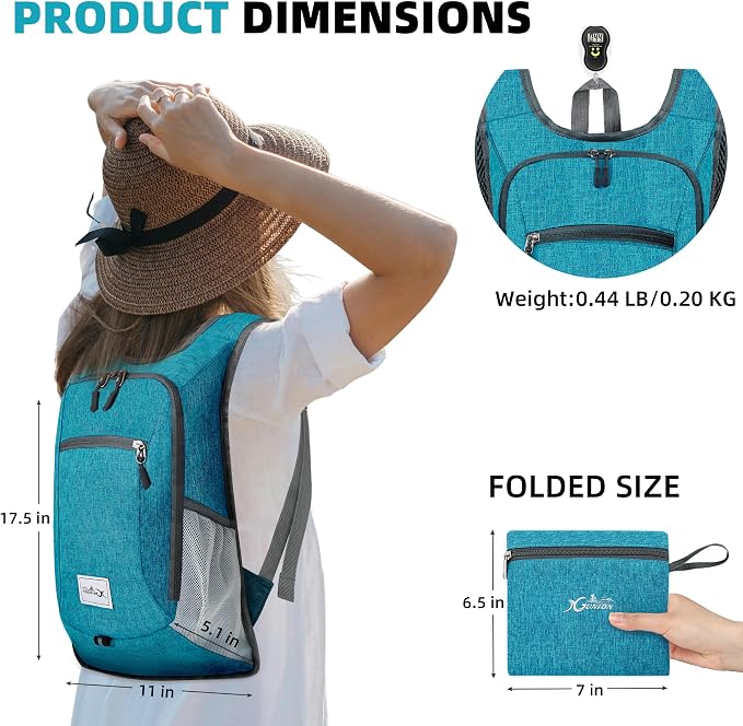 Xgunion Hiking Backpack 10L Lightweight Foldable (Teal Blue) | Small Travel Daypack, Packable Camping Backpack for Women Men