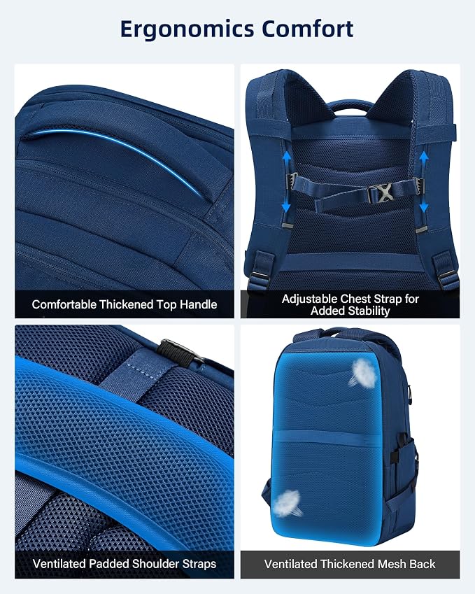 HanTrip 18 Inch Carry on Travel Backpack with Lots of Pockets, Navy Blue | 17 Inch Laptop Sleeve, Luggage Sleeve, Water Bottle Pocket, 30 Liter, Chest Strap, Water Resistant, 18x14x8 Medium Bookbag