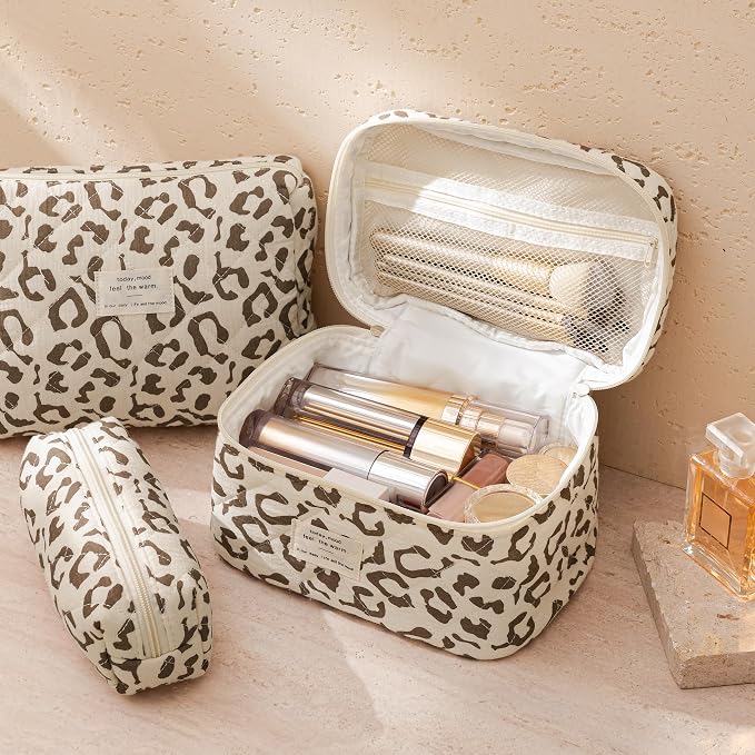 HBselect Quilted Makeup Bag, 3Pcs Cotton Large Travel Makeup Bags Organizer | Cute Floral Make up Bag Cosmetic Bag Toiletry Bag for Women Girls, Makeup Pouch for Skincare, Brushes & Travel Essentials