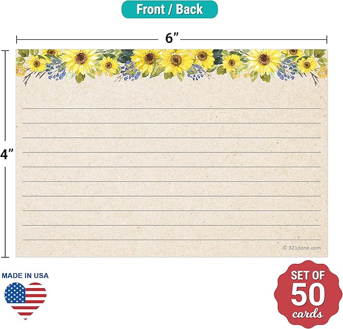 321Done Sunflower Index Cards - Made in USA - Large 4x6 (Set of 50) Rustic Kraft Tan College-Ruled Lined Notecards Double-Sided, Thick Heavy Duty Cardstock, Cute Pretty Sun Flowers Floral Ruled Lines
