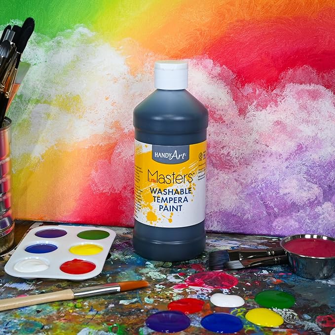 Handy Art Little Masters Washable Tempera Paint, Black, 16 oz Bottle, Bright & Mixable, High Opacity, Washable Colors for Classroom, Students, Kids, Young Artists, Safe & Non-Toxic, Made in USA