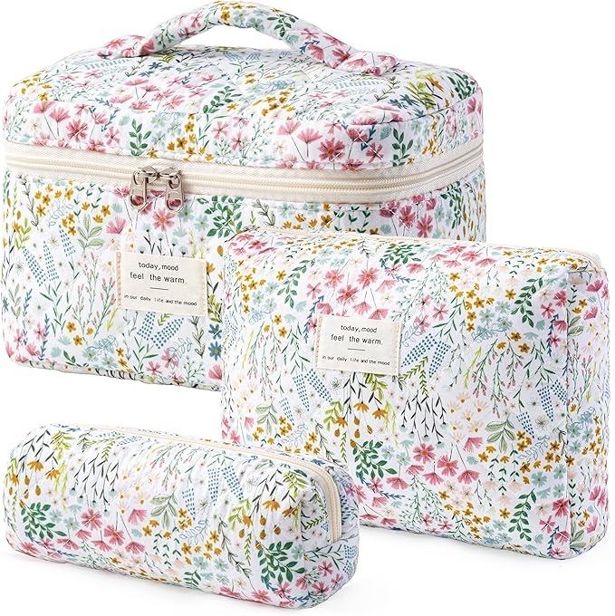 HBselect Quilted Makeup Bag, 3Pcs Cotton Large Travel Makeup Bags Organizer | Cute Floral Make up Bag Cosmetic Bag Toiletry Bag for Women Girls, Makeup Pouch for Skincare, Brushes & Travel Essentials