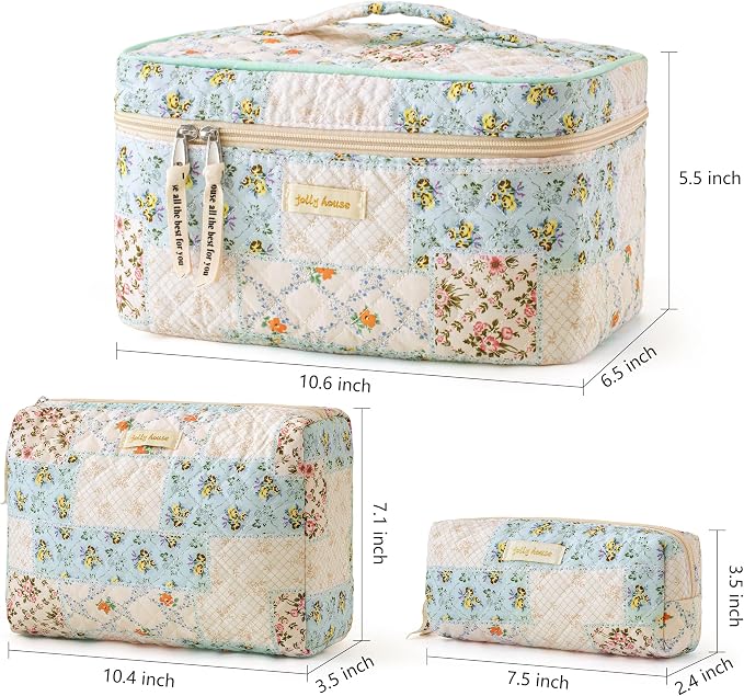 HBselect Quilted Makeup Bag, 3Pcs Cotton Large Travel Makeup Bags Organizer | Cute Floral Make up Bag Cosmetic Bag Toiletry Bag for Women Girls, Makeup Pouch for Skincare, Brushes & Travel Essentials