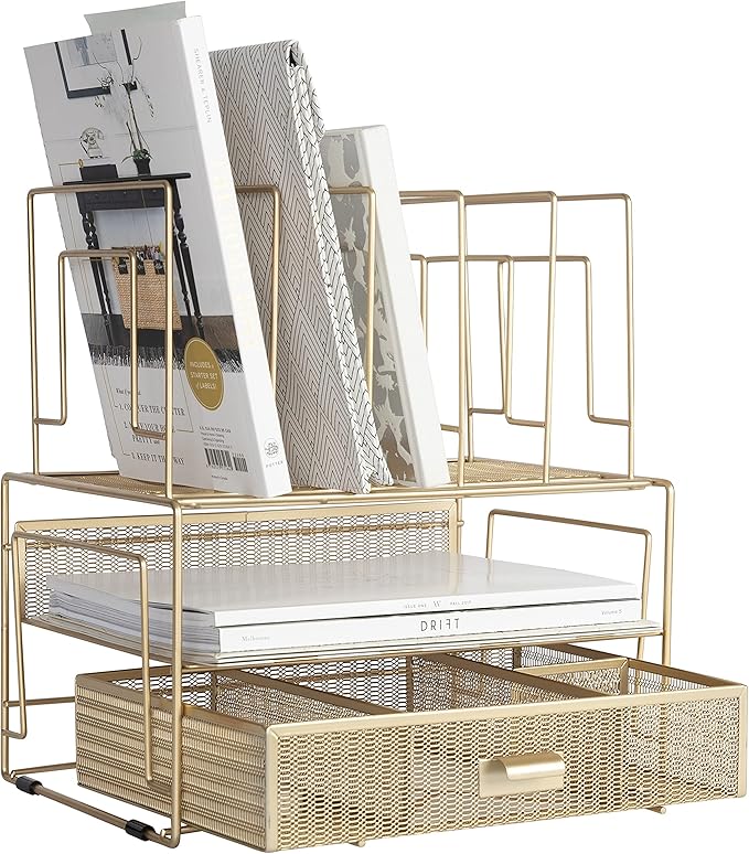 BLU MONACO | Gold Desk Organizer With Drawer | Metal Mesh File Holder & Vertical File Organizer | Desktop Storage for Office Supplies, Papers & Folders | 9.3" D x 13" W x 14" H