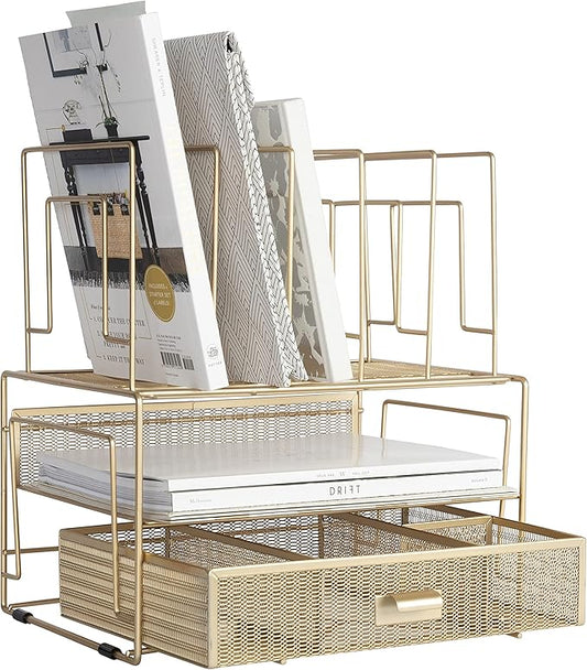 BLU MONACO | Gold Desk Organizer With Drawer | Metal Mesh File Holder & Vertical File Organizer | Desktop Storage for Office Supplies, Papers & Folders | 9.3" D x 13" W x 14" H