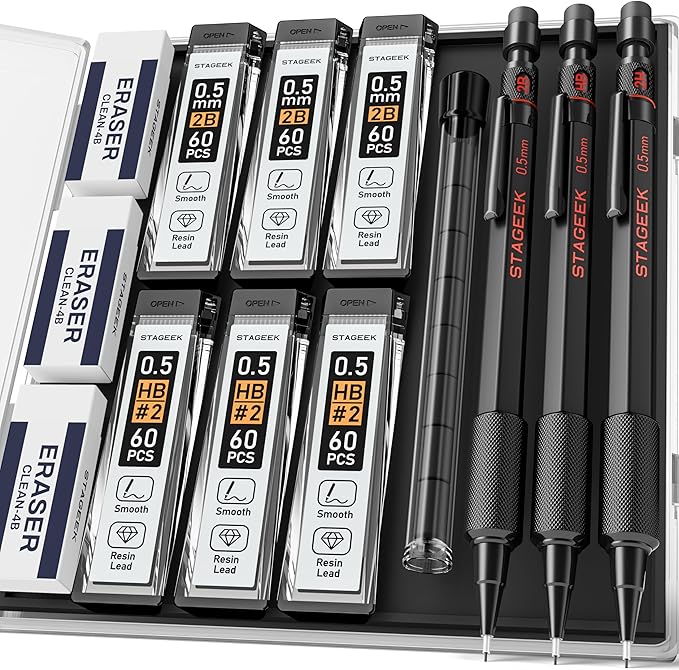 STAGEEK 0.5mm Mechanical Pencil Set, 3PCS Metal Mechanical Pencils 0.5mm with 6 Tubes HB & 2B Lead Refills, Erasers, Weatherproof Artist Pencils with Case for Outdoor Writing Drafting Drawing