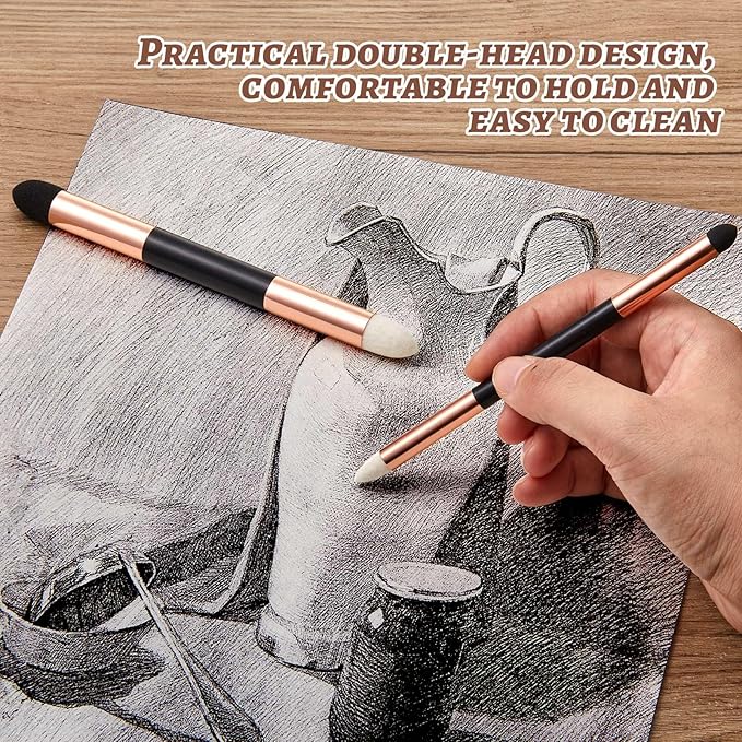 Kosiz 6 Pcs Blending Sponge Pen Double Headed Rub and Buff Washable Sketch Rubbing Sponge Brush Wipe Reusable Blending Stump Drawing Art Blenders for Artist Highlight Shadow Detail Tool (Gold)