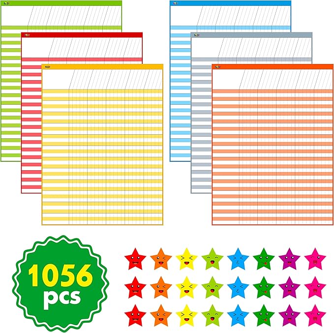 6 Pack Multi-Color Dry Erase Incentive Chart/Chore/Responsibility/School Attendance/Homework Progress Tracking Chart, 6 Pack in Multi-Color, 36 Rows X 25 Columns (17" x 22.5") with 1056 Stars