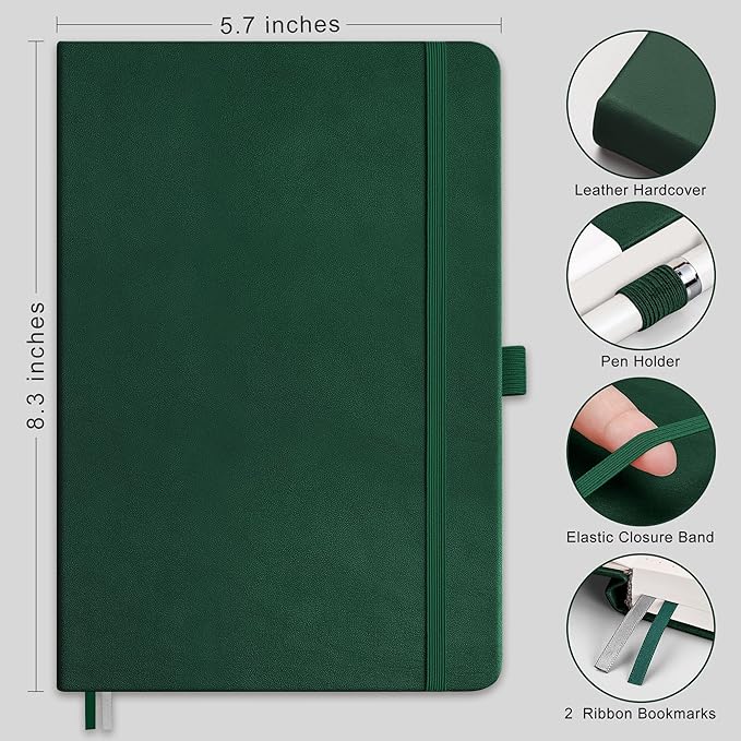 RETTACY Dotted Journal Notebook, 2-Pack, 160 Numbered Pages per Pack, A5 Medium Size (5.7'' x 8.3''), 120 GSM Thick Paper, Leather Hardcover, for Journaling, Planning, Tracking (Black & Dark Green)