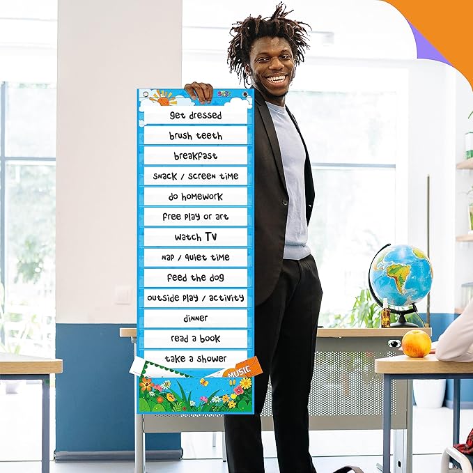 Daily Schedule Pocket Chart, Classroom Chart with 13+1 Pockets, 26 Reusable Cards (13 Double Sided Printed Cards & 13 Blank Ones) plus 2 Metal Mounting Hangers (Blue Sky, 13” x 36”)