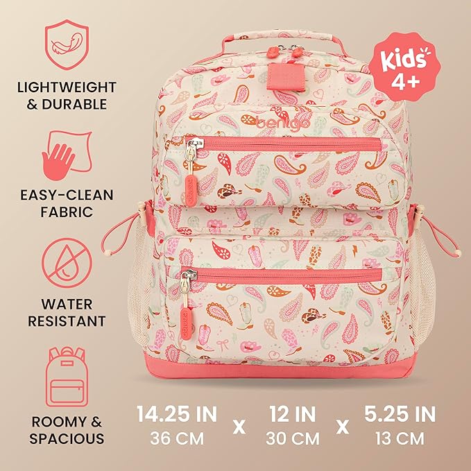 Bentgo Kids Print Backpack - Lightweight 14” Backpack for School, Travel & Daycare, Ideal for Ages 4+, Durable & Water-Resistant, Roomy Interior, & Loop for Lunch Bag (NEW Cowgirl Dreams)