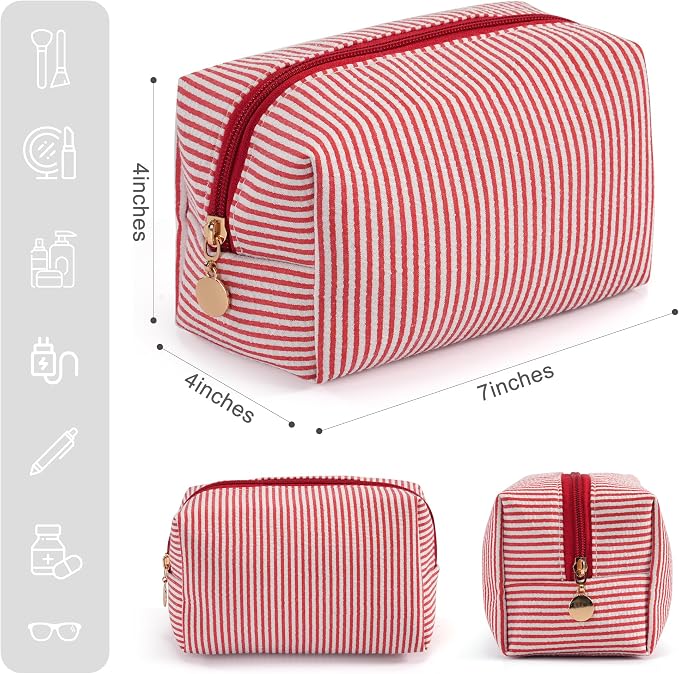 Makeup Bag Set for Women, 4PCS Travel Cosmetic Bags Pencil Case, Striped Seersucker Toiletry Organizer Pouches, Cute Makeup Pouch for Purse, Accessories and Gifts, Red