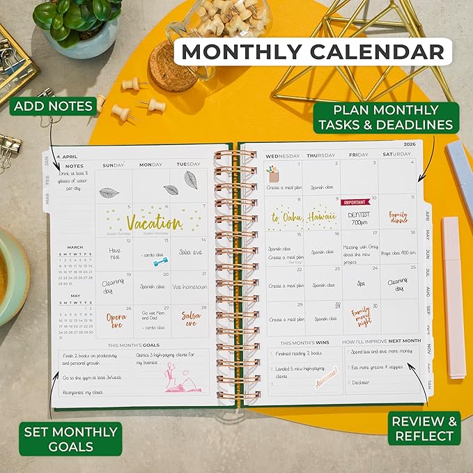 Clever Fox Dated Planner with Tabs 2026 – Weekly & Monthly Spiral Planner with Habit Tracker for Goal Setting & Time Management (Forest Green)