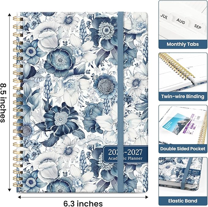 Planner 2026-2027, Academic Monthly and Weekly Calendar Planner for Women, July 2026 - June 2027, Hardcover Pretty Agenda Planner Book with Tabs, Spiral Daily Organizer for School Office Home Supplies, 6.3" x 8.5" - Blue Floral
