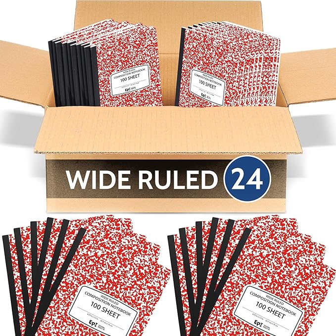 24 Pack - EPI Wide Ruled Marble Composition Notebook - Red 200 Page Note Book - 9.75 x 7.5 Inch Hardcover Journal with Sewn Binding for Secure Pages - Classroom Back to School Supplies