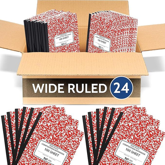 24 Pack - EPI Wide Ruled Marble Composition Notebook - Red 200 Page Note Book - 9.75 x 7.5 Inch Hardcover Journal with Sewn Binding for Secure Pages - Classroom Back to School Supplies