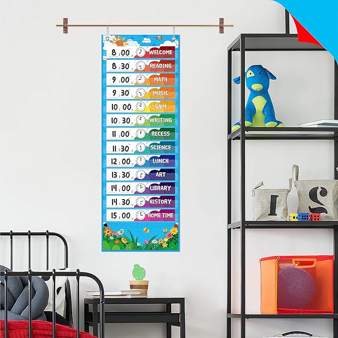 Daily Schedule Pocket Chart, Classroom Chart with 13+1 Pockets, 26 Reusable Cards (13 Double Sided Printed Cards & 13 Blank Ones) plus 2 Metal Mounting Hangers (Blue Sky, 13” x 36”)