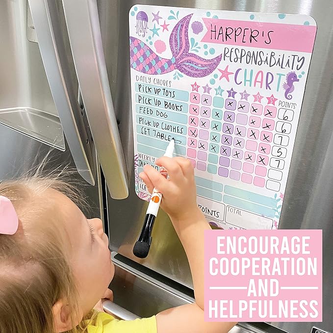 Hadley Designs Magnetic Chore Chart for Kids – Reward Chart for Kids, Dry Erase Responsibility Board for Children at Home, Fridge Behavior Tracker for Daily & Weekly Tasks, Mermaid Toddler Chore Board