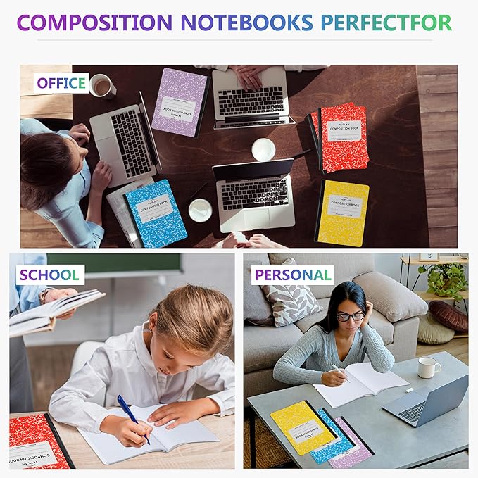 Yeplan Composition Notebooks 4 pack, Wide Ruled Notebook Paper, 9 3/4" x 7 1/2", 80 Sheets/160 Pages, Aesthetic Marble Composition Notebook for School & Office Supplies (4, Assorted Colors)