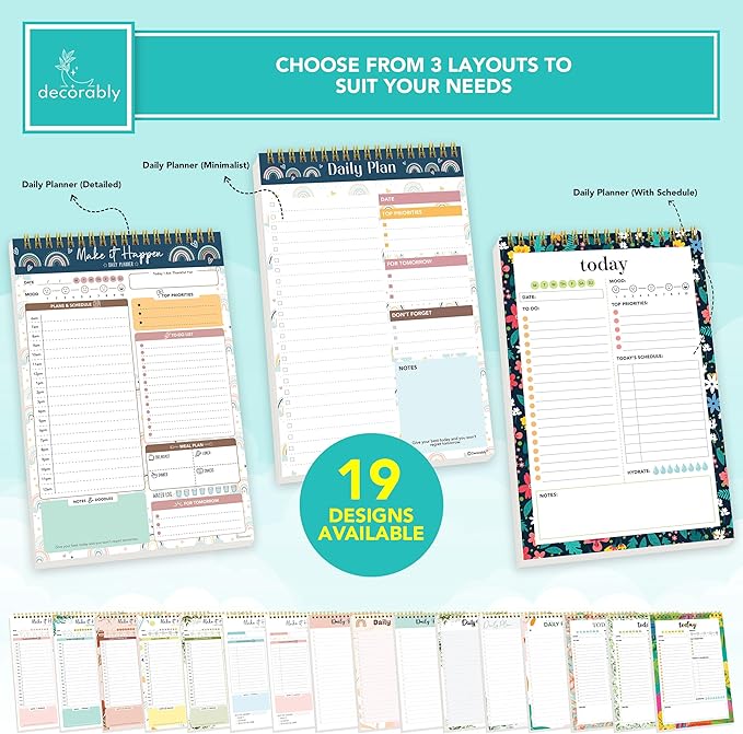 Decorably 52 Sheets Boho Rainbow Undated Daily Notepad - 6.5x10in Spring-Bound Planner, Easy Tear-Off, for Schedule, Priorities, to Dos, Agenda, Water Intake, Meals, Notes & Doodles - Home, Office