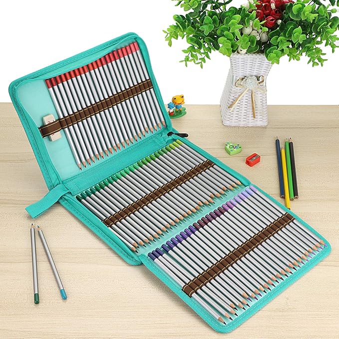 BTSKY® Portable Canvas Zippered Colored Pencil Case-Super Large Capacity 72 Slot Pencil Bag Pouch for Watercolor Pencils (Blue)