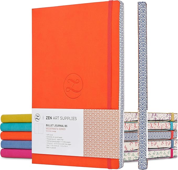 Soft Cover Large B5 Dotted Journal - Enjoy Bullet Journaling with a 7x10-inch, Non-Bleed Thick 120gsm Paper, Dot Journal in Orange, Japanese Edge Motif - Faux Leather Lay Flat Dot Notebook