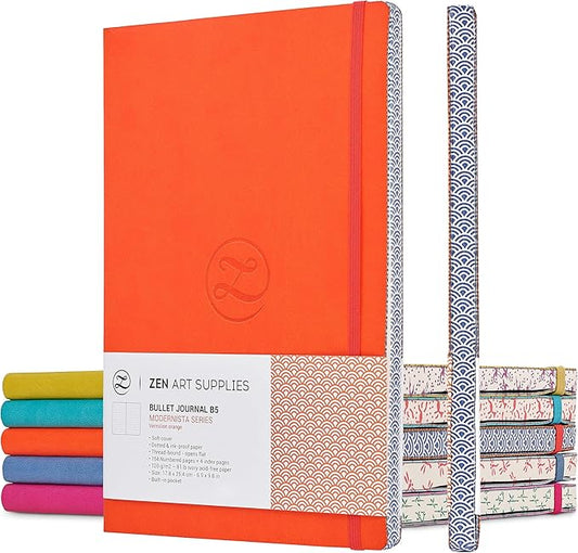 Soft Cover Large B5 Dotted Journal - Enjoy Bullet Journaling with a 7x10-inch, Non-Bleed Thick 120gsm Paper, Dot Journal in Orange, Japanese Edge Motif - Faux Leather Lay Flat Dot Notebook