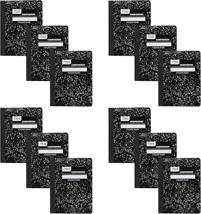 Mead Composition Notebook, 12 Pack, College Ruled Paper, 7-1/2" x 9-3/4", 100 Sheets per Comp Book, Black Marble (38111)