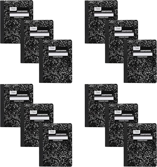 Mead Composition Notebook, 12 Pack, College Ruled Paper, 7-1/2" x 9-3/4", 100 Sheets per Comp Book, Black Marble (38111)