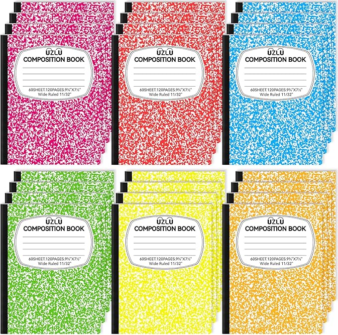 UZLU 24 Pack 9.75 x 7.5 in Large Composition Notebooks Bulk 6 Color Wide Ruled Composition Books Marble Journal Notebook 60 Sheets per Book for Aldult Student College Office Back to School Supplies