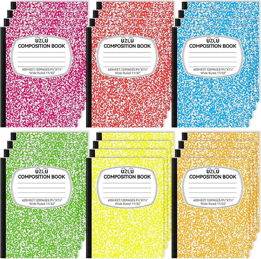 UZLU 24 Pack 9.75 x 7.5 in Large Composition Notebooks Bulk 6 Color Wide Ruled Composition Books Marble Journal Notebook 60 Sheets per Book for Aldult Student College Office Back to School Supplies