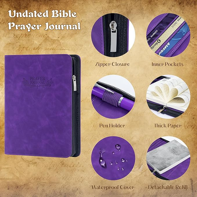 Ospelelf Purple Leather Prayer Journal with Zipper, A5 Travel Size Scripture Study Notebook with Inner Pockets for Stickers & Cards, Daily Devotional Planner for Women Men, Religious Christian Gift, Undated 3 Months