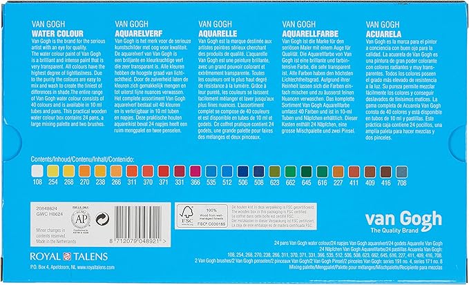 Van Gogh Watercolor Paint Set, Wood Box, 24-Half Pan + 3 Accessories