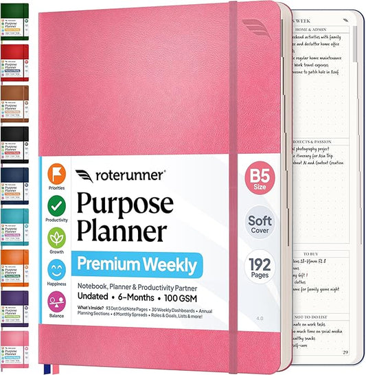 Roterunner Purpose Planner Notebook B5 7.5”x9.8” Undated 2026 Daily Weekly and Monthly Productivity Goal Setting Tool for Work Home ADHD Planner for Adults Self Care Journal