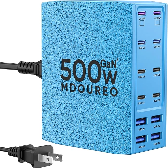 500W USB C Charger Block, 12-Port USB C Charging Station for Multiple Devices, Leather Texture Dual PD 65W Laptop Fast Charger Compatible with MacBook Pro/Air, iPad, iPhone,Galaxy and More,Blue
