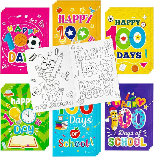 24Pcs 100th Day of School Coloring Books Happy 100 Days DIY Color-in Pages Pencil Book Clock Cute Patterns Drawing Booklet Classroom Reward Art Activity Gifts Party Favors Supplies for Kids