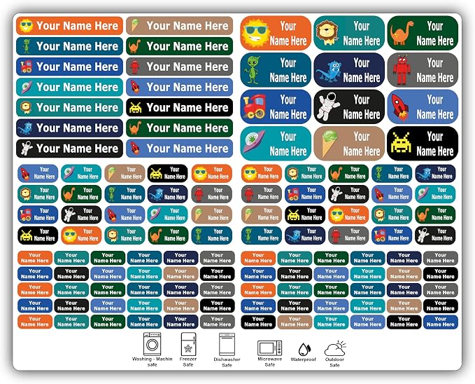 126 Custom Name Labels – Boys, Girls and Kids Icon Designs. Waterproof Labels for School, Daycare and Camp. Personalized Stickers, Dishwasher and Microwave Safe, Machine Washable.