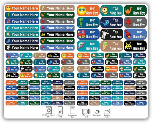 126 Custom Name Labels – Boys, Girls and Kids Icon Designs. Waterproof Labels for School, Daycare and Camp. Personalized Stickers, Dishwasher and Microwave Safe, Machine Washable.