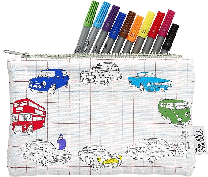eatsleepdoodle DIY Coloring Cars & Tracktors Pencil Case for Kids with 10pcs Washable Markers, Reusable Art Supply Organizer, Fun Arts & Crafts Activity for Boys & Girls, Creative Gift Idea for Ages