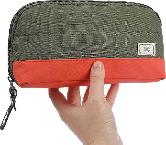 Mr. Pen- Fabric Pencil Case Pouch, 5 Mesh Pockets, Olive Green & Orange, Triangular Shape Pencil Pouch