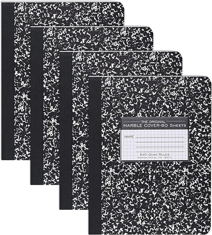 ROARING SPRING Hard Cover Composition Notebook, 4 Pack, Black Marble Comp Book, 9.75″ x 7.5″, 5x5 Grid Graph Ruled, 80 Sheets (160 Pages), Made in USA
