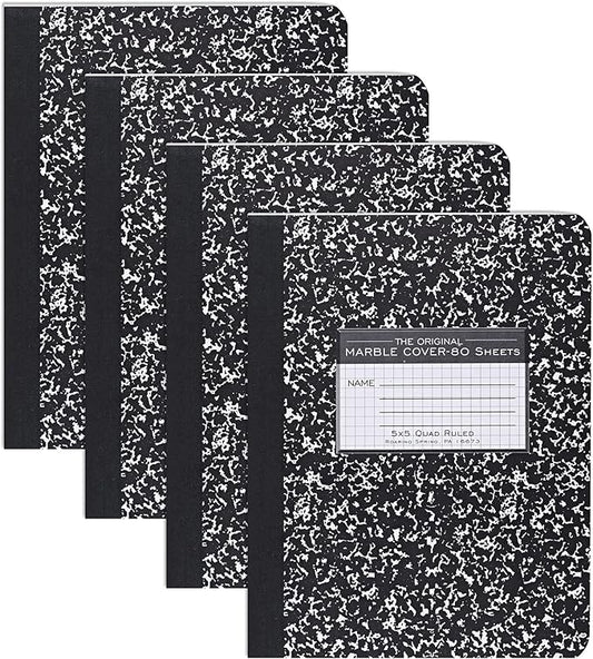 ROARING SPRING Hard Cover Composition Notebook, 4 Pack, Black Marble Comp Book, 9.75″ x 7.5″, 5x5 Grid Graph Ruled, 80 Sheets (160 Pages), Made in USA