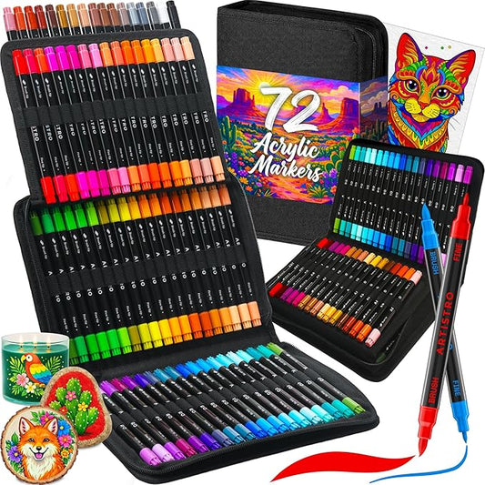 ARTISTRO Acrylic Paint Pens With Storage Bag for Calligraphy - Markers With Brush and Fine Precision Tips - Multisurface Painting for Fabric, Rock, Glass, and More (72 Markers, Dual Tip Brush + Fine)