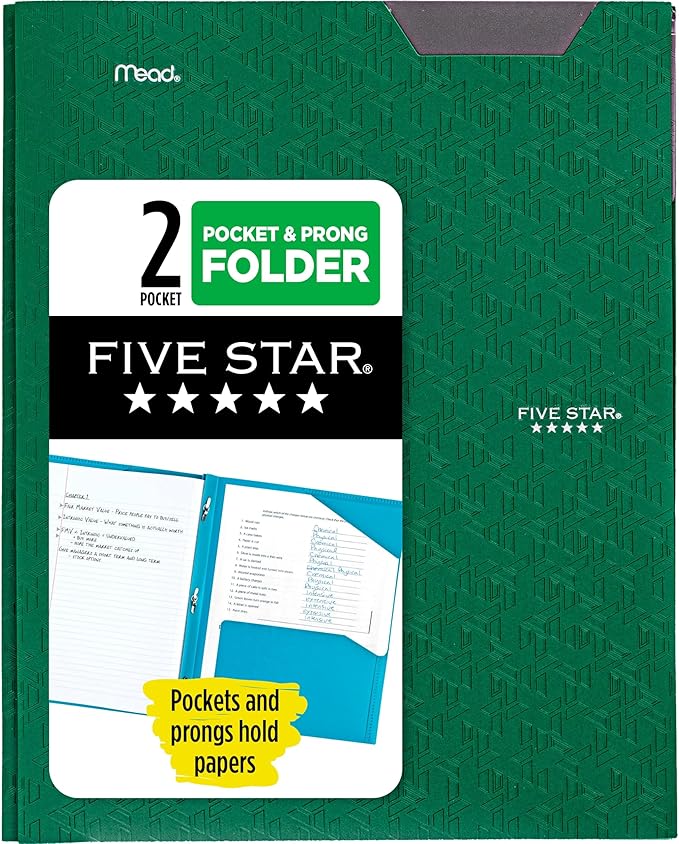 Five Star 2-Pocket Folder, Plastic Folder with Stay-Put Tabs and Prong Fasteners, Holds 8-1/2" x 11" Paper, Forest Green (72111)