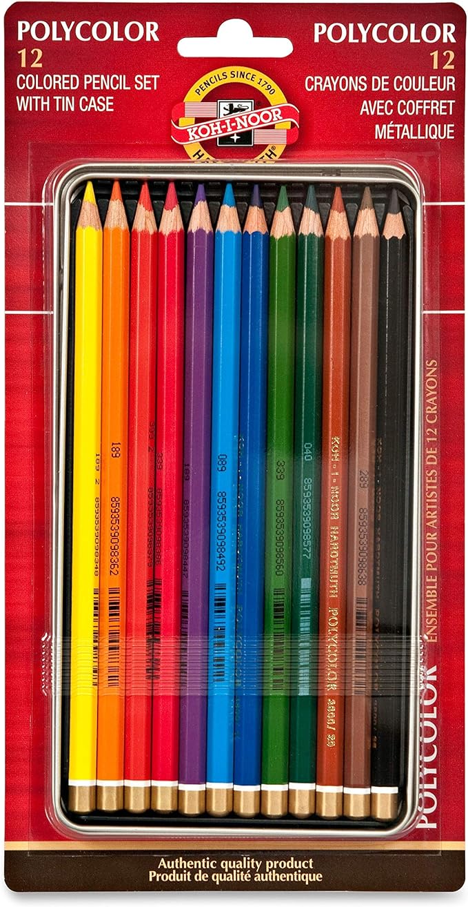 Koh-I-Noor Polycolor Drawing Pencil Set, 12 Assorted Colored Pencils in Tin and Blister Carded, 1 Each (FA3816.12BC)