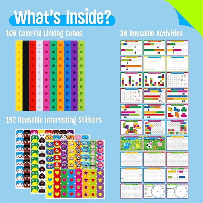 Math Linking Cubes, 100 Math Cube Manipulatives with 30 Learning Activities plus 192 Reusable Stickers, Number Counting Blocks Snap Linking Math Counters, Fun & Educational Pre-K Counting Blocks