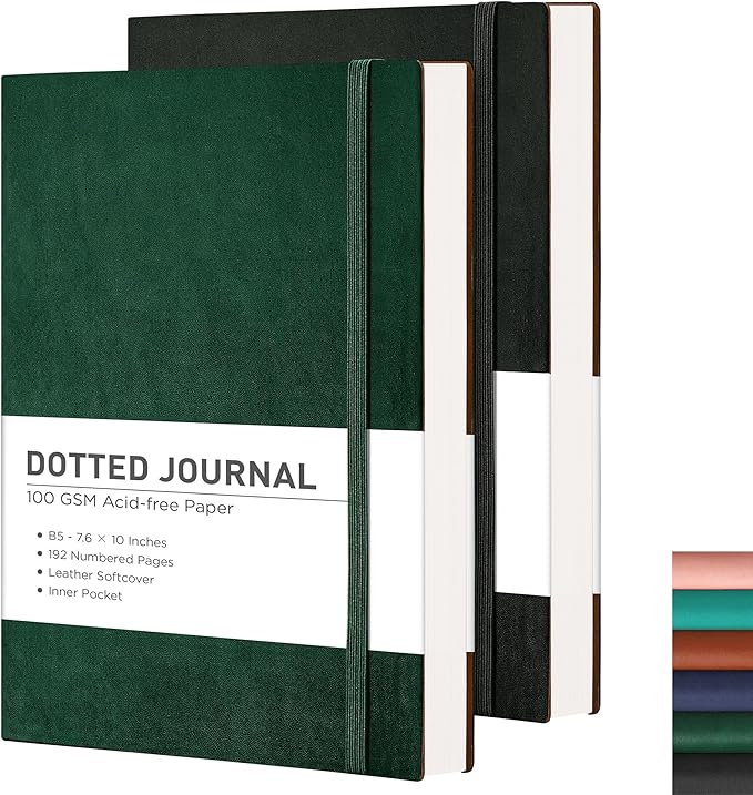 RETTACY Dotted Journal Notebook, 2-Pack, 192 Numbered Pages per Pack, B5 Medium Size (7.6'' × 10''), Leather Softcover, 100 GSM Thick Paper, for Journaling, Planning, Tracking (Black & Dark Green)